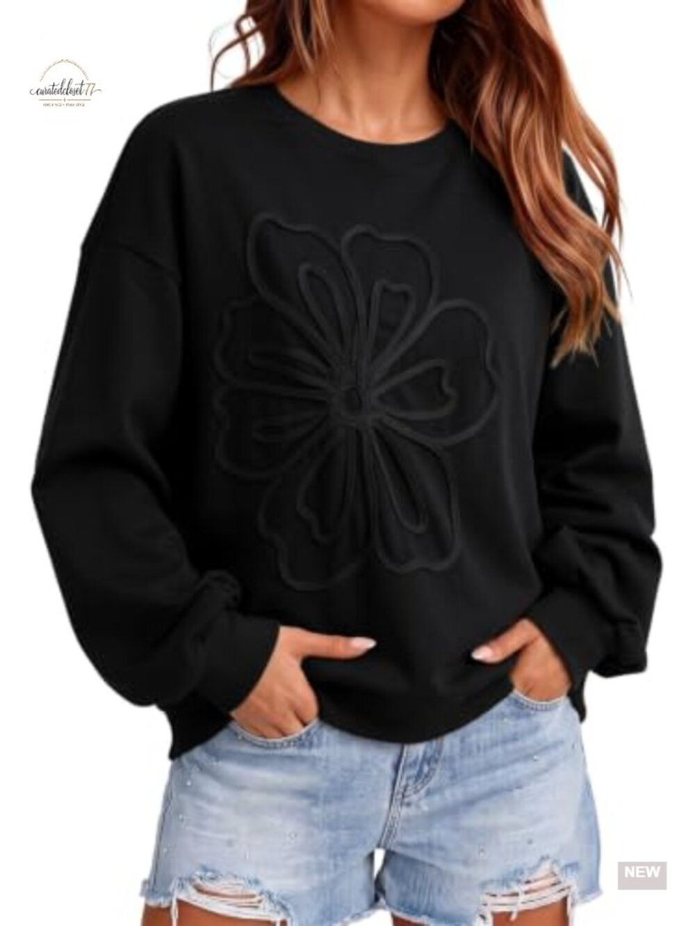 Oversized Lightweight Cotton Blend Sweatshirt with Floral Embroidery